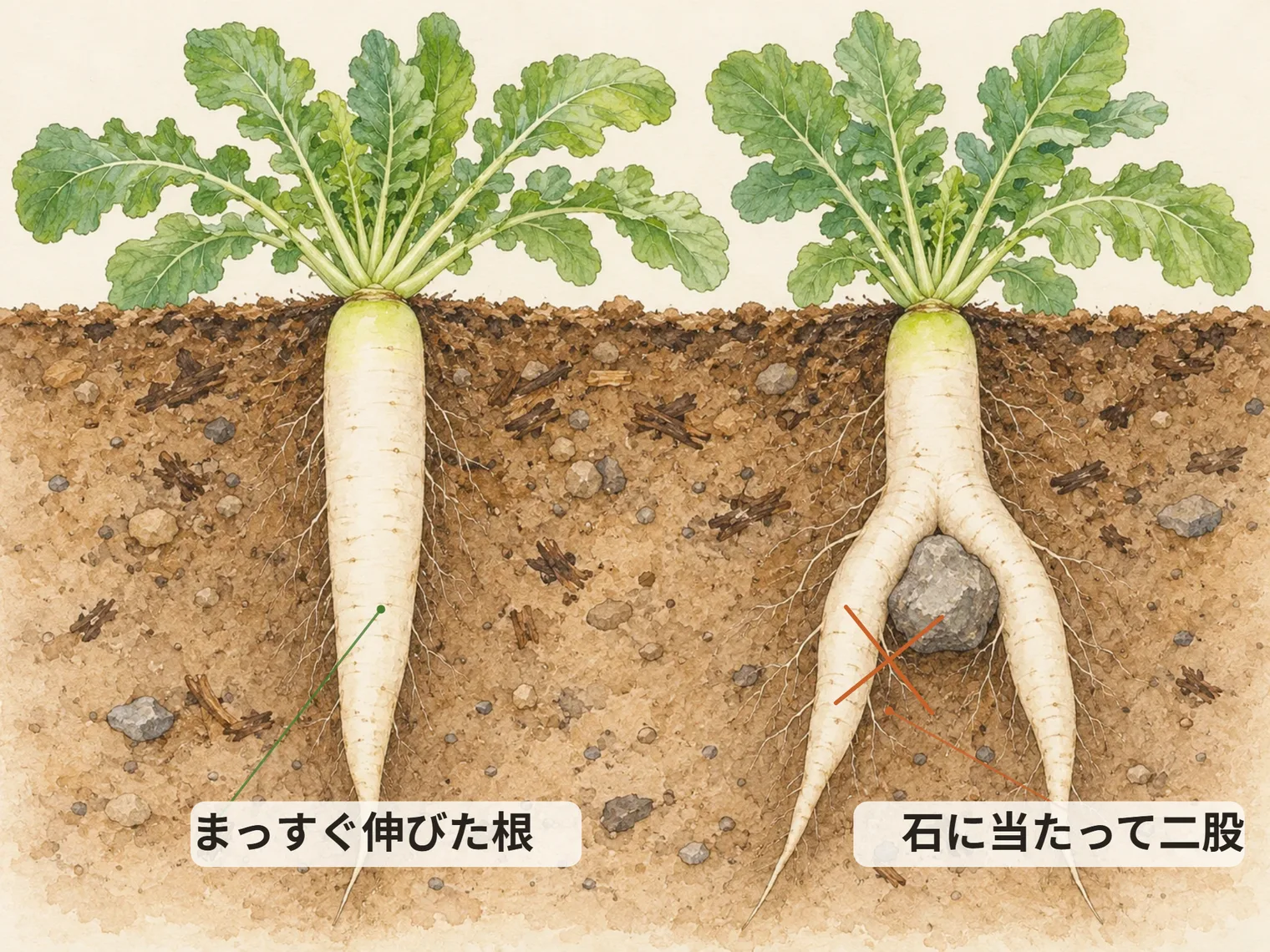 まっすぐ伸びた根。石に当たって二股
