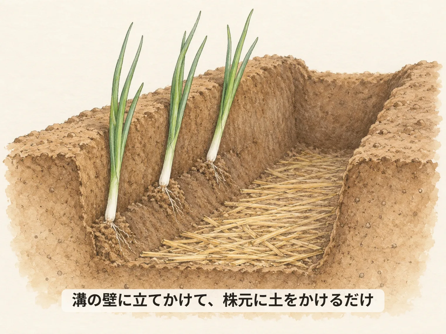 溝の壁に立てかけて、株元に土をかけるだけ