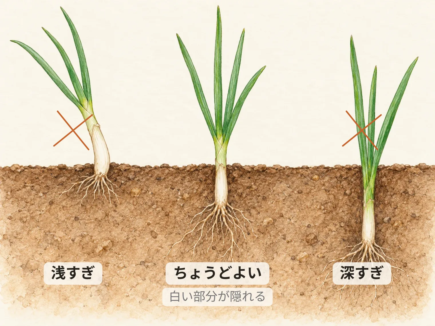 浅すぎ。ちょうどよい。白い部分が隠れる。深すぎ