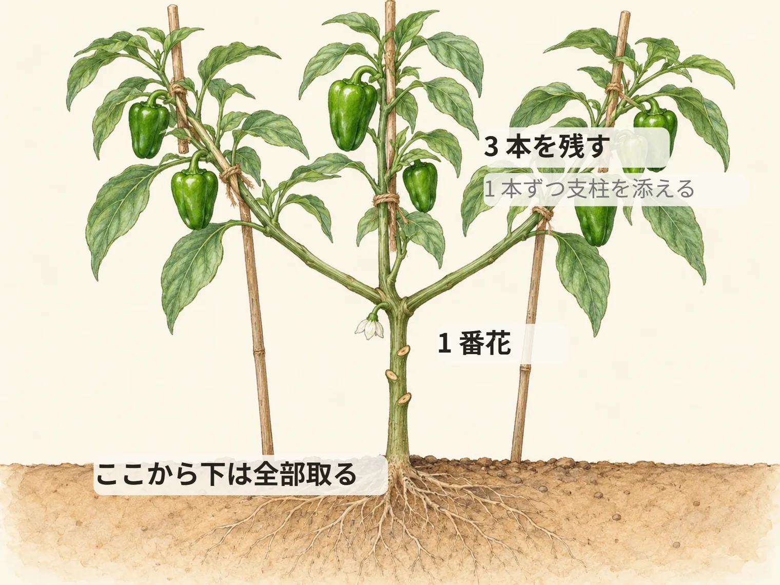 3 本を残す。1 本ずつ支柱を添える。1 番花。ここから下は全部取る