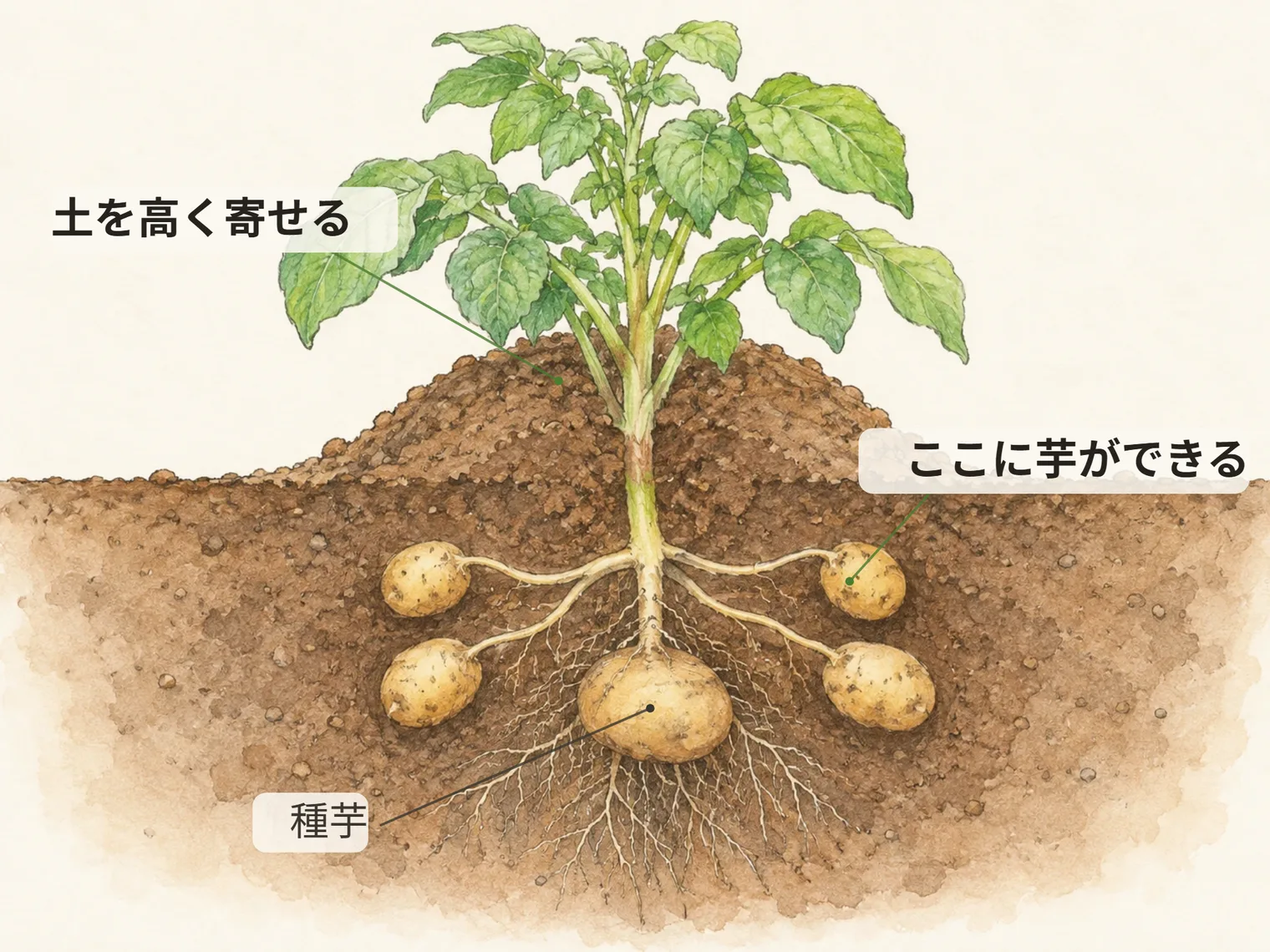 土を高く寄せる。種芋。ここに芋ができる