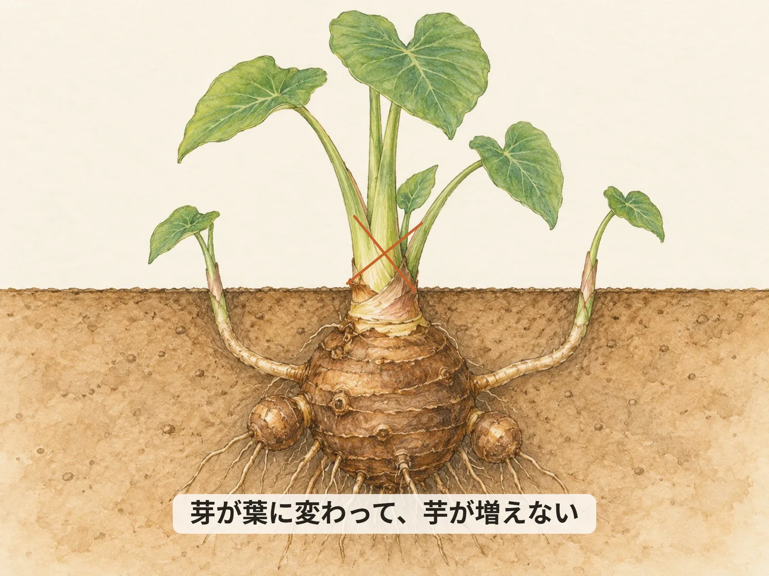 芽が葉に変わって、芋が増えない