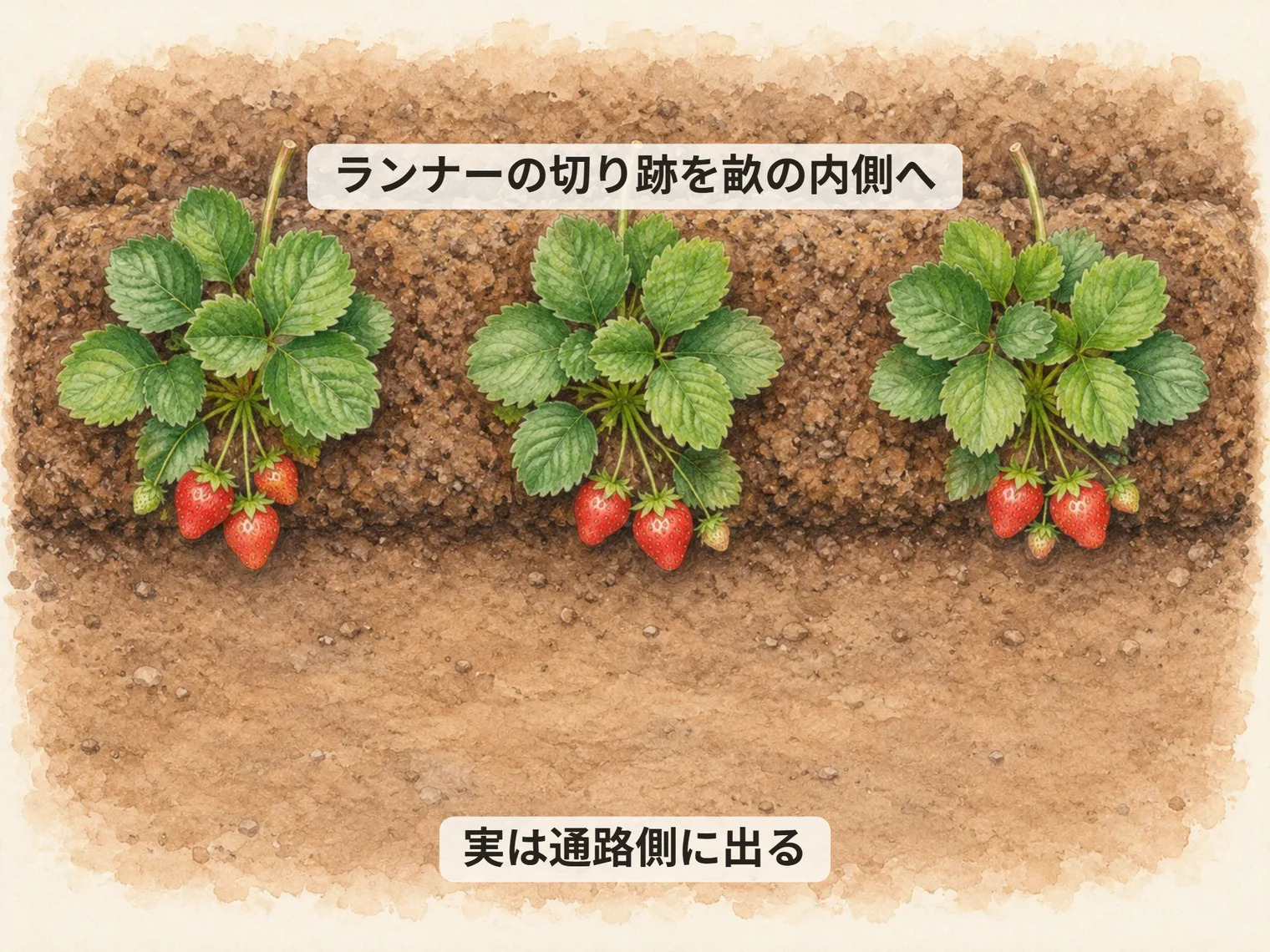 ランナーの切り跡を畝の内側へ。実は通路側に出る