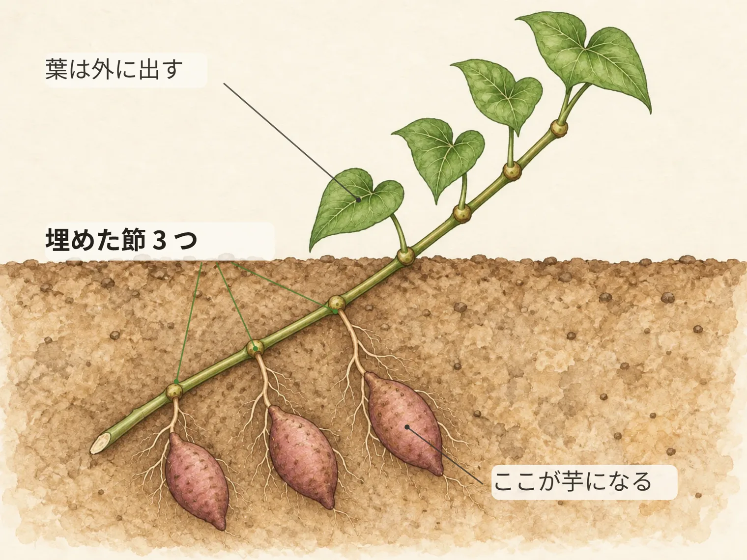 埋めた節 3 つ。葉は外に出す。ここが芋になる