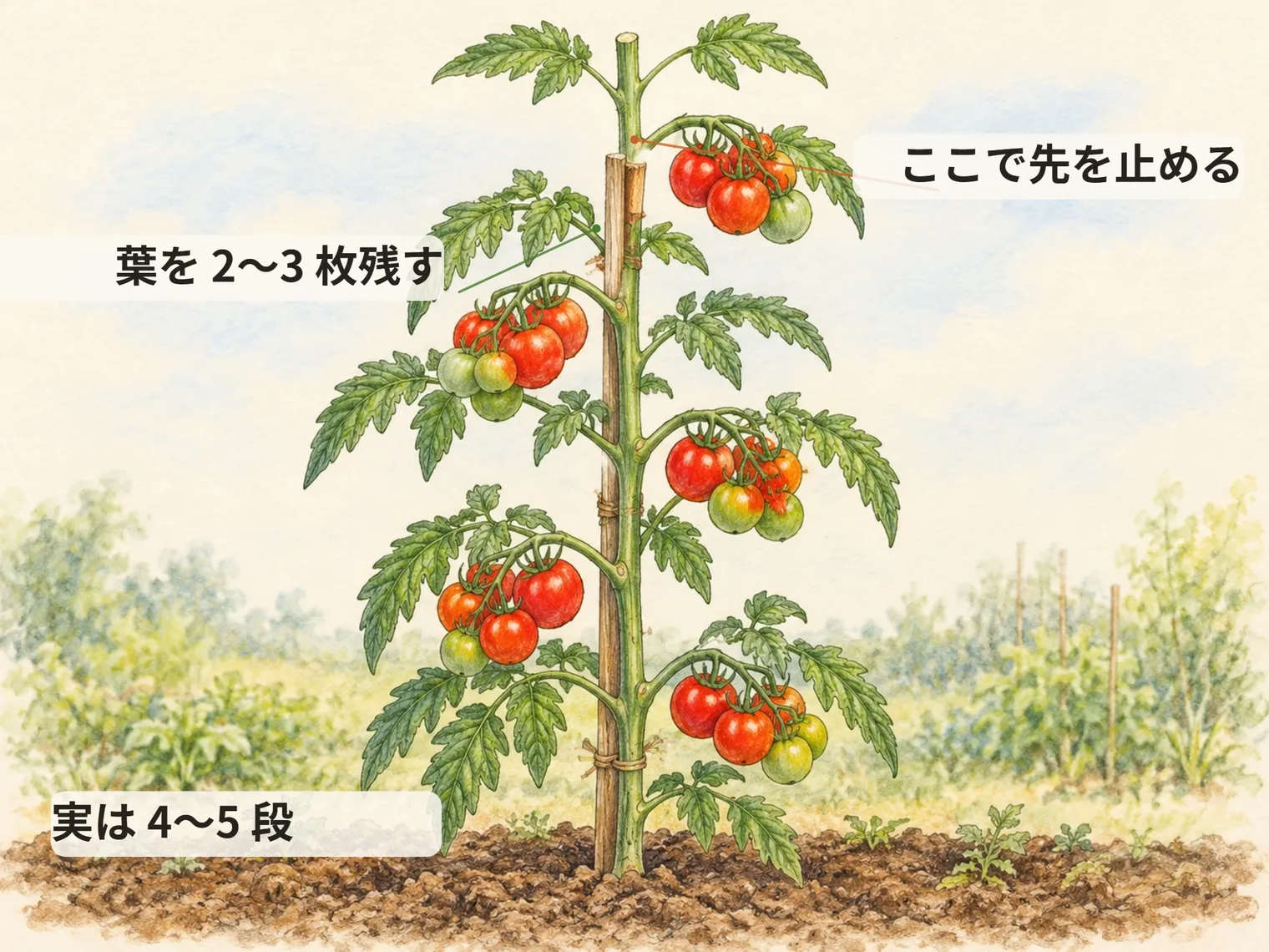 ここで先を止める。葉を 2〜3 枚残す。実は 4〜5 段