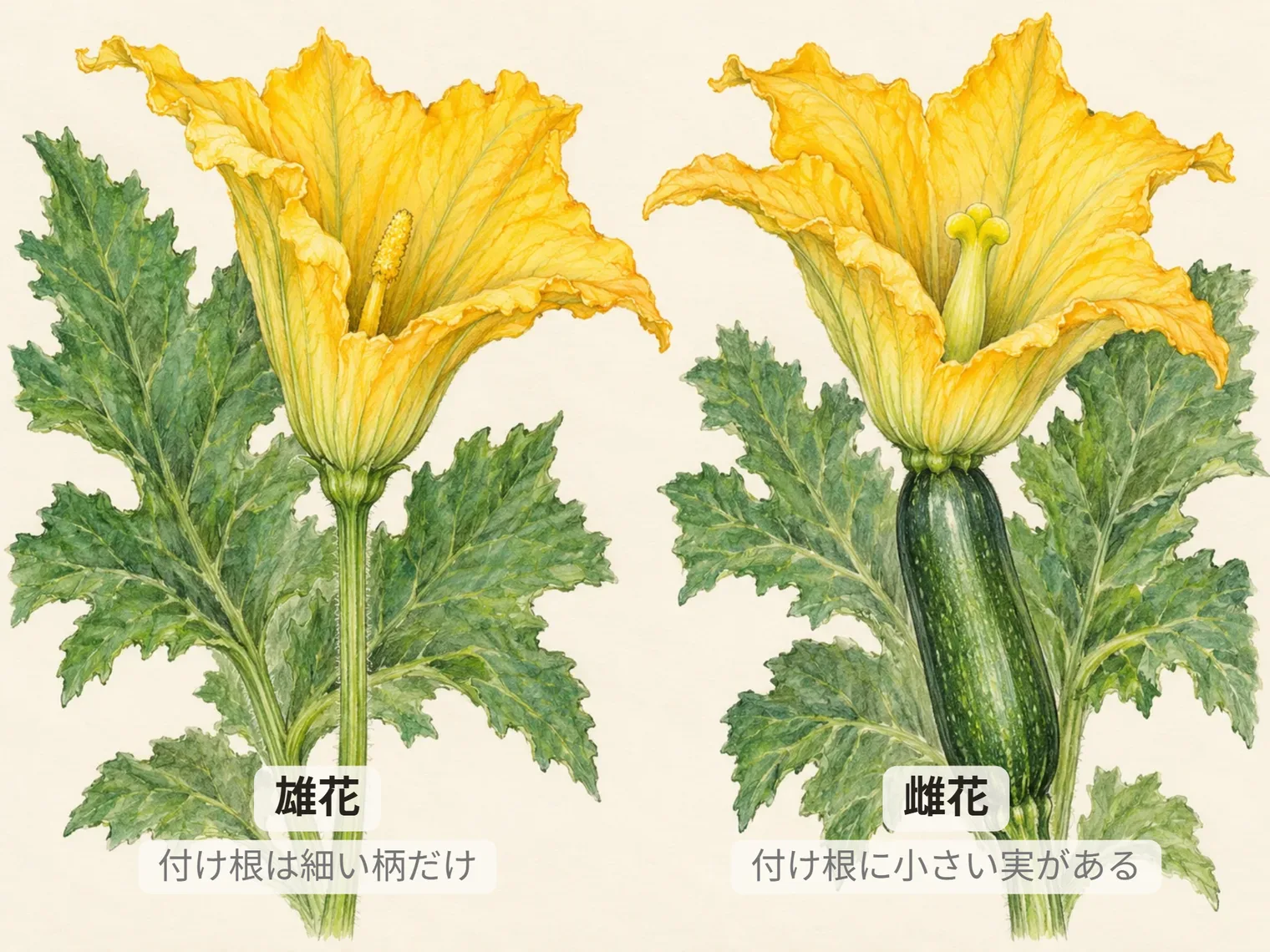 雄花。付け根は細い柄だけ。雌花。付け根に小さい実がある