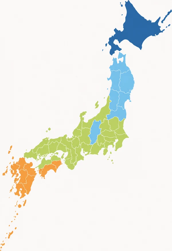 寒地・寒冷地・中間地・暖地のおおまかな範囲を示した日本地図